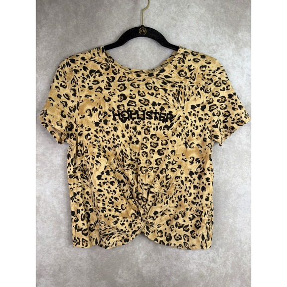 Hollister Tops - Hollister T-Shirt Women Medium Tan Leopard Print Front Twist Knot Cropped Baby T
